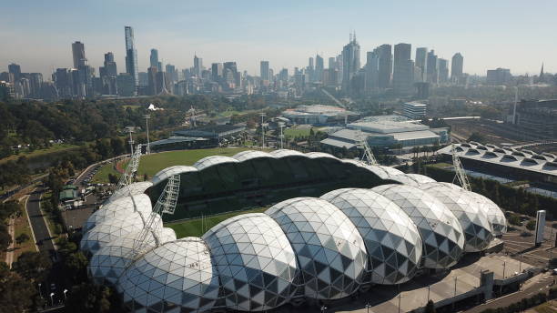Melbourne, Australia: 23rd April, 2018. AAMI Park in Melbourne, with Melbourne city in the background.  AAMI Park is an outdoor Rectangular Stadium, which holds sports and entertainment events throughout the year.  It opened in May 2010 and holds approx 30,000 people.