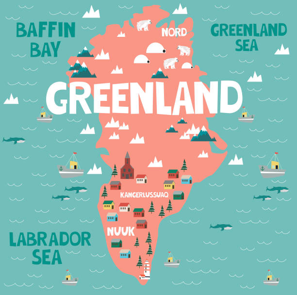 Illustration map of Greenland Illustration map of Greenland with nature, animals and landmarks. Editable Vector illustration houses in antarctica stock illustrations