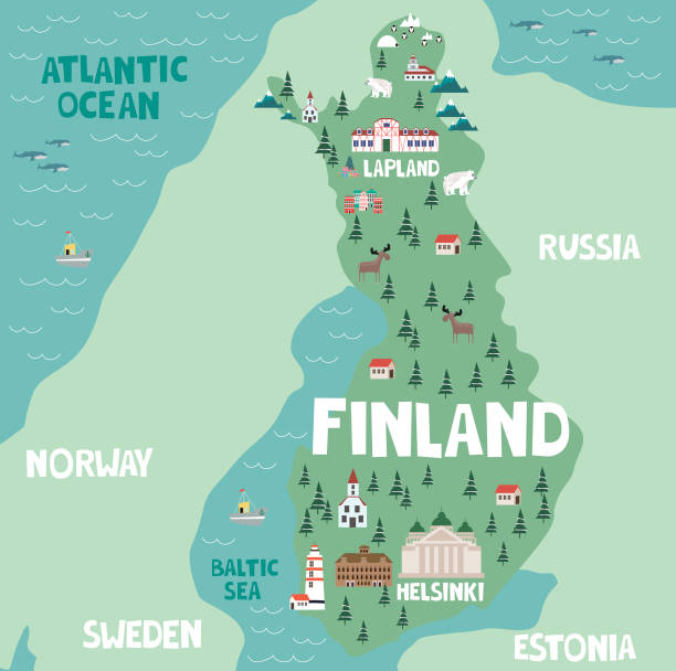 Illustration map of Finland Illustration map of Finland with nature, animals and landmarks. Editable Vector illustration norrbotten province stock illustrations