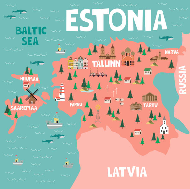 Illustration map of Estonia Illustration map of Estonia with nature, animals and landmarks. Editable Vector illustration estonia stock illustrations