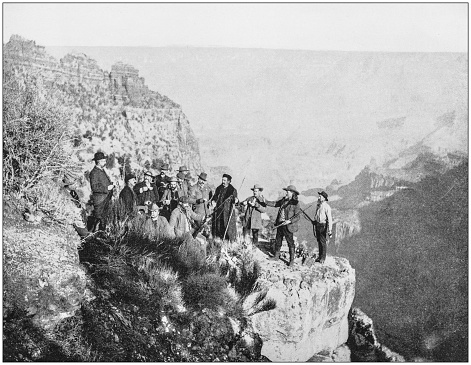 Antique photograph of America's famous landscapes: Grand Canyon, Buffalo Bill and party, Point Sublime