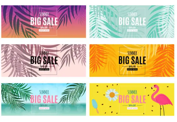 Vector illustration of Abstract Summer Sale Background with Palm Leaves and Flamingo Collection Set. Vector Illustration