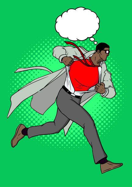 ilustrações de stock, clip art, desenhos animados e ícones de vector african american man transforms into superhero while running - change superhero necktie strength