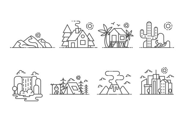 ilustrações de stock, clip art, desenhos animados e ícones de landscape set of vector icons outline style - 4865