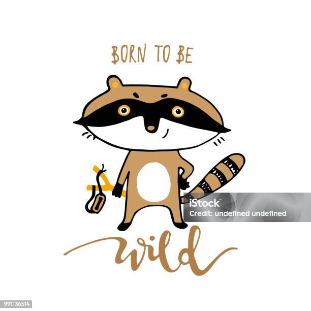 Cute Cartoon Raccoon Print For Cards T Shirt Vector Illustration Stock Illustration - Download Image Now