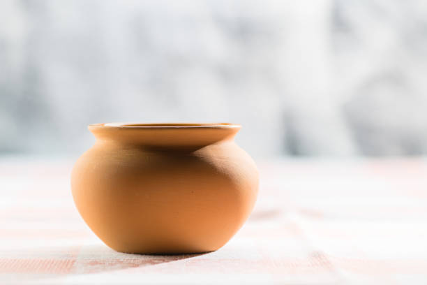Clay food pot on the light background, shallow dof
