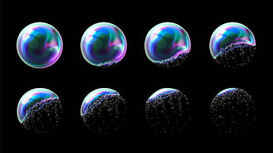 Vector set of realistic transparent colorful soap bubbles in stages of the explosion and deformation. Water spheres with air, soapy balloons, lather, suds, soapsuds. Glossy foam balls. 3d illustration