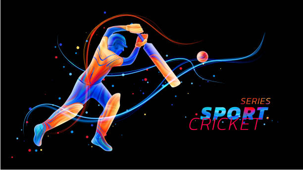 Vector abstract illustration of batsman playing cricket from colored liquid splashes and brush strokes with neon lines and colored dots. Championship and competition sports. 3d player silhouette Vector abstract illustration of batsman playing cricket from colored liquid splashes and brush strokes with neon lines and colored dots. Championship and competition sports. 3d player silhouette. cricket stock illustrations