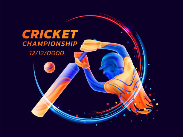 Vector abstract illustration of batsman playing cricket from colored liquid splashes and brush strokes with neon lines and colored dots. Championship and competition sports. 3d player silhouette Vector abstract illustration of batsman playing cricket from coloured liquid splashes and brush strokes with neon lines and colored dots. Championship and competition sports. 3d player silhouette. batsman stock illustrations