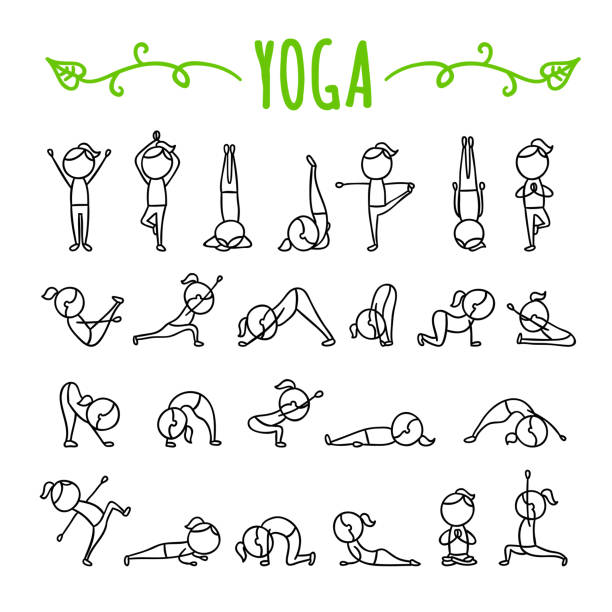 illustrations, cliparts, dessins animés et icônes de poses de yoga icônes dessinés à la main. symboles de postures de yoga. exercices de gymnastique, stretching et méditation. illustrations de sport style de vie sain - stretching exercising gym silhouette