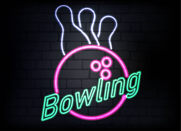 Neon bowling sign on brick wall background Neon bowling sign on brick wall background, vector cricket bowler stock illustrations