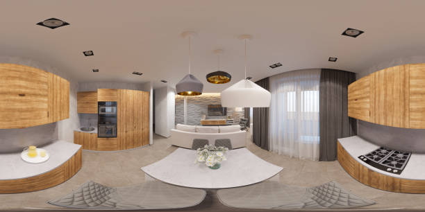 istock 3d illustration interior design spherical 360 seamless panorama living room and kitchen 991200670