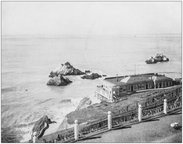 ilustrações de stock, clip art, desenhos animados e ícones de antique photograph of america's famous landscapes: seal rocks, cliff house, golden gate, san francisco - san francisco county fotos