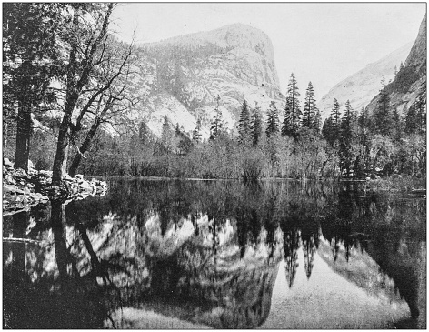 Antique photograph of America's famous landscapes: Mirror Lake, El Capitan, Yosemite park, California