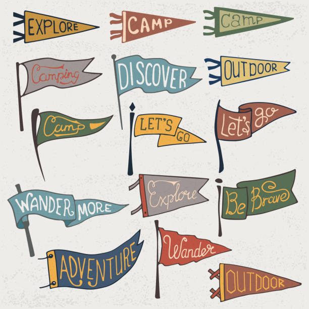 Set of adventure, outdoors, camping colorful pennants. Retro monochrome labels on textured background. Hand drawn wanderlust style. Pennant travel flags design. Vector illustration.