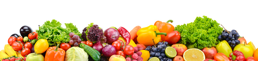 Panorama bright vegetables and fruits isolated on white background. Copy space