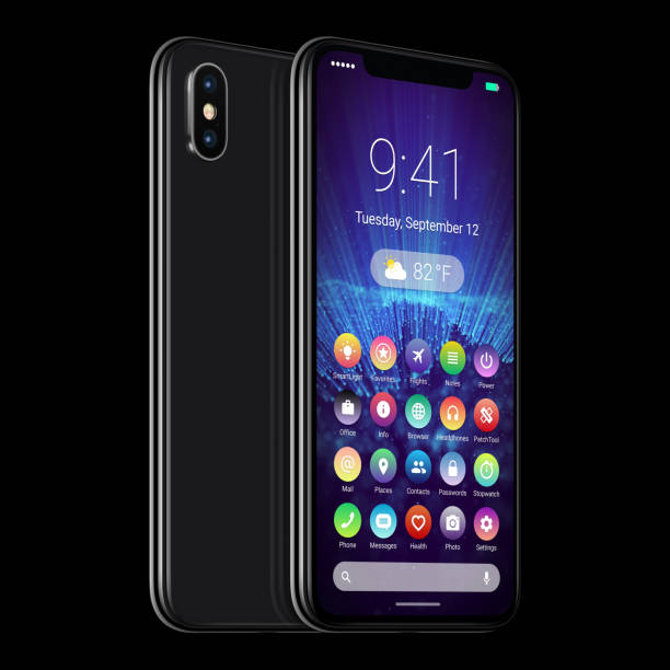 istock Black rotated smartphones with material design flat UI interface front and back sides 991249224
