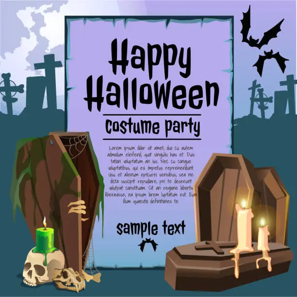 Vector illustration of A poster on the theme of the Halloween holiday. Vintage wooden coffins and candles. Vector illustration