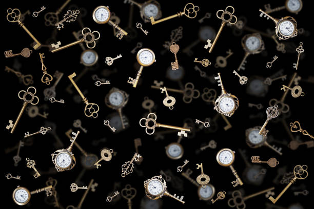 포켓 시계와 오래 된 키입니다. 빈티지 원더랜드 배경입니다. - watch gold retro revival old fashioned 뉴스 사진 이미지