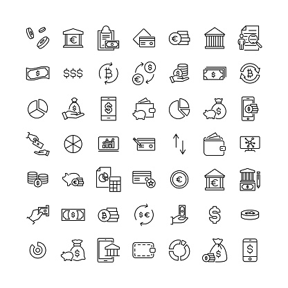Simple collection of money related line icons. Thin line vector set of signs for infographic, logo, app development and website design. Premium symbols isolated on a white background.