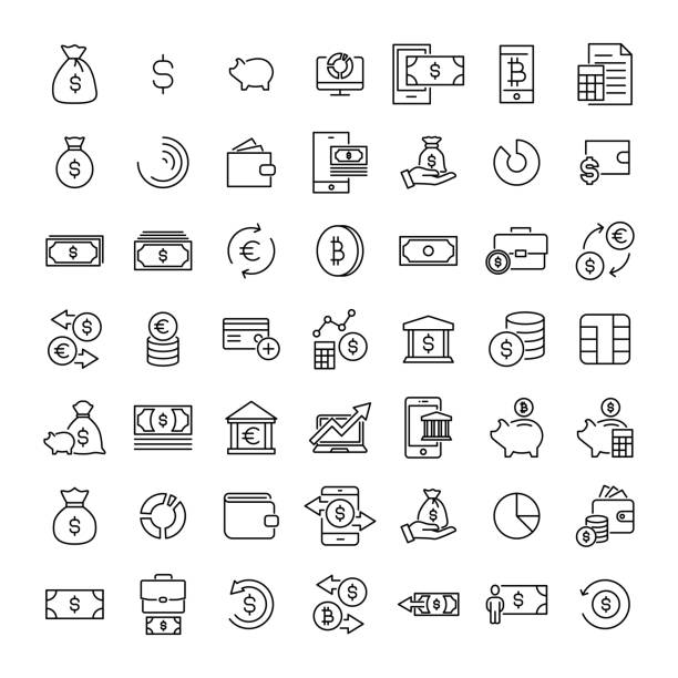 Simple collection of finance related line icons. Simple collection of finance related line icons. Thin line vector set of signs for infographic, logo, app development and website design. Premium symbols isolated on a white background. sport set competition round stock illustrations