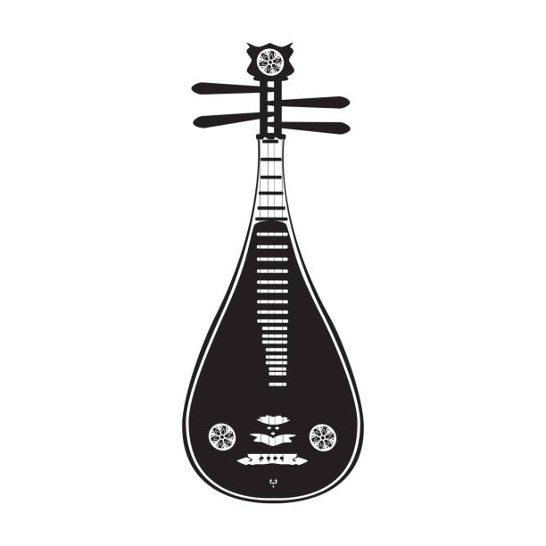 ilustrações de stock, clip art, desenhos animados e ícones de vector black and white traditional chinese liuqin - plucking an instrument