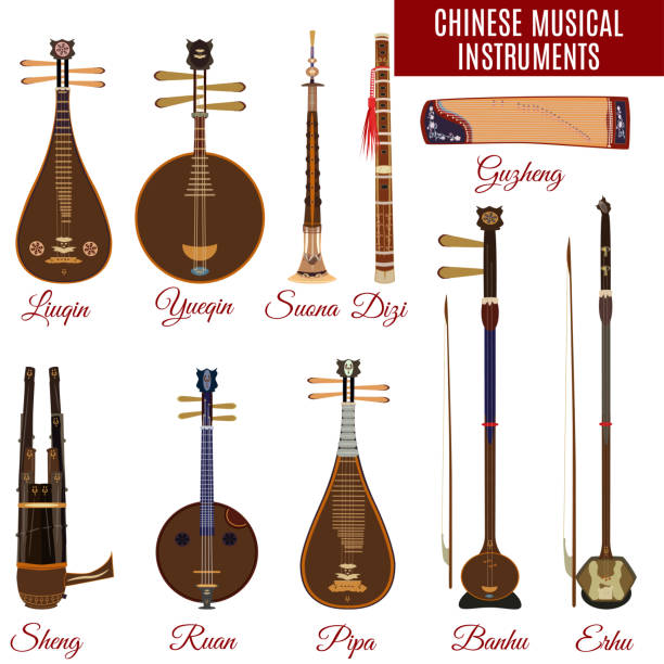 ilustrações, clipart, desenhos animados e ícones de conjunto de vetor de instrumentos musicais chineses - erhu