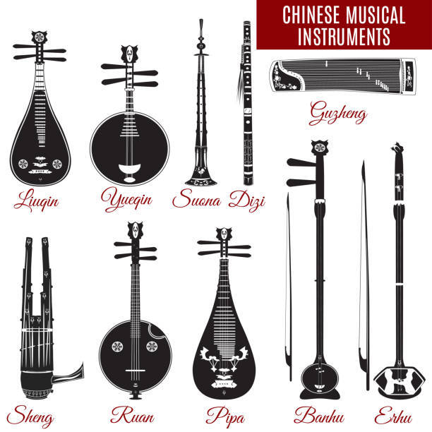 ilustrações, clipart, desenhos animados e ícones de instrumentos musicais chineses vector preto e branco - erhu