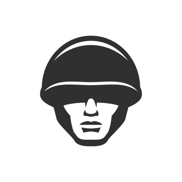 ilustraciones, imágenes clip art, dibujos animados e iconos de stock de cabeza de soldado en un icono del casco - police officer security staff honor guard