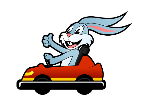 Happy rabbit character in bumper car