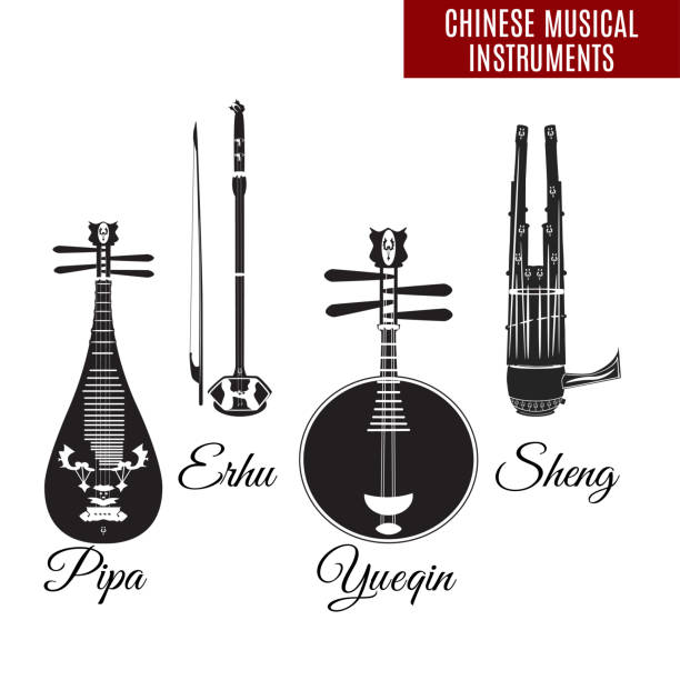 ilustrações, clipart, desenhos animados e ícones de instrumentos musicais chineses vector preto e branco - erhu