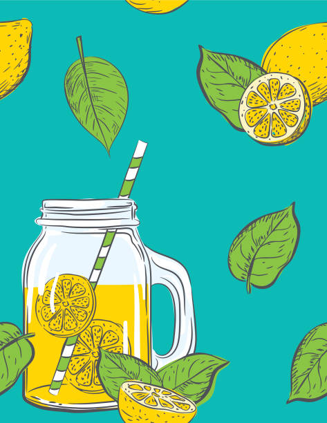 Hand Drawn lemons Pattern Seamless pattern of lemons. Cute summer lemonade theme.Hand drawn elements in simple flat colors. mason jar lemonade stock illustrations
