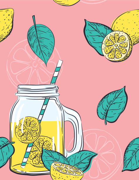 Hand Drawn lemons Pattern Seamless pattern of lemons. Cute summer lemonade theme.Hand drawn elements in simple flat colors. mason jar lemonade stock illustrations