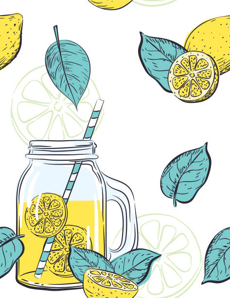 Hand Drawn lemons Pattern Seamless pattern of lemons. Cute summer lemonade theme.Hand drawn elements in simple flat colors. mason jar lemonade stock illustrations