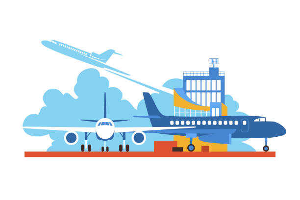 Airplanes on Airfield Vector Illustration Vector flat drawing on the air travel . Aircraft on the airfield. airplane silhouette commercial airplane shipping stock illustrations
