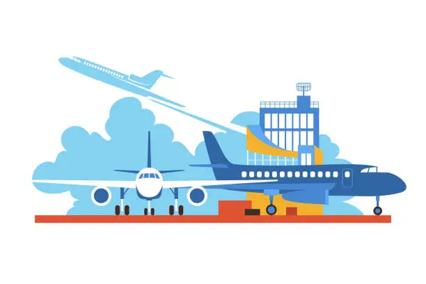 Vector illustration of Airplanes on Airfield Vector Illustration