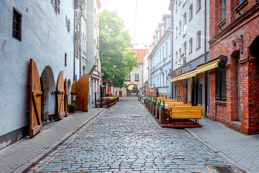 Morning at medieval street of old Riga, Latvia, EC, Europe