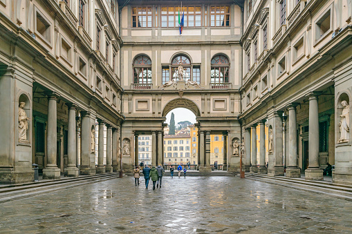 FLORENCE, ITALY, JANUARY - 2018 - Exterior view of famous uffizi gallery at florence city, Italy
