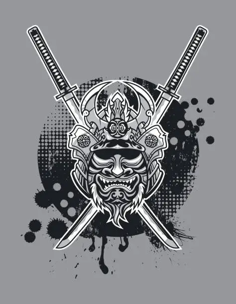 Vector illustration of Japanese samurai monster mask with katana
