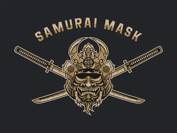 Vector illustration of Samurai monster mask with katana emblem