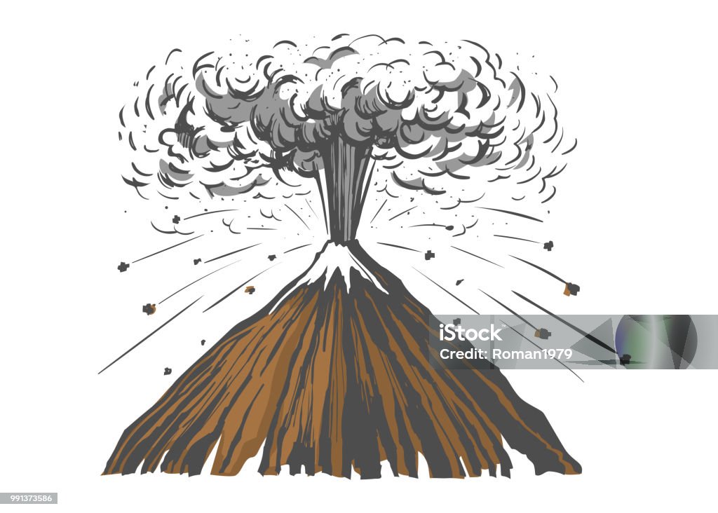 Eruption volcano colored Eruption volcano. Mountains vector colored sketch freehand drawing. Accidents and Disasters stock vector