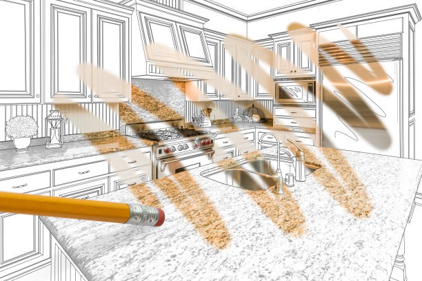 istock Pencil Erasing Drawing To Reveal Finished Custom Kitchen Design Photograph 991375456