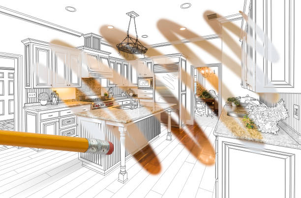 istock Pencil Erasing Drawing To Reveal Finished Custom Kitchen Design Photograph 991375474