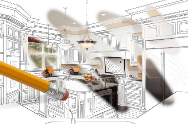 istock Pencil Erasing Drawing To Reveal Finished Custom Kitchen Design Photograph 991375484