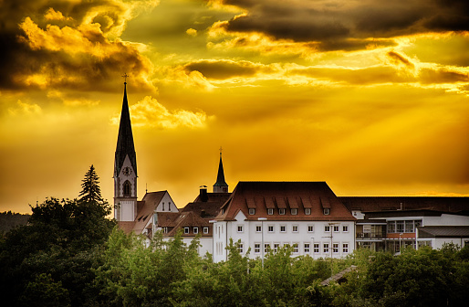 Skyline of the city Herzogenaurach in Bavaria (Germany) at sunset
