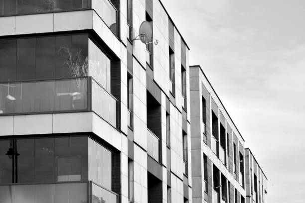 istock Modern apartment building exterior. Black and white. 991378448
