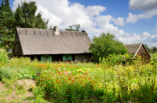 Olsztynek, warmia-masuria province, Poland. Museum of folk architecture, ethnographic park, vintage masurian farm from Gazdawa village.