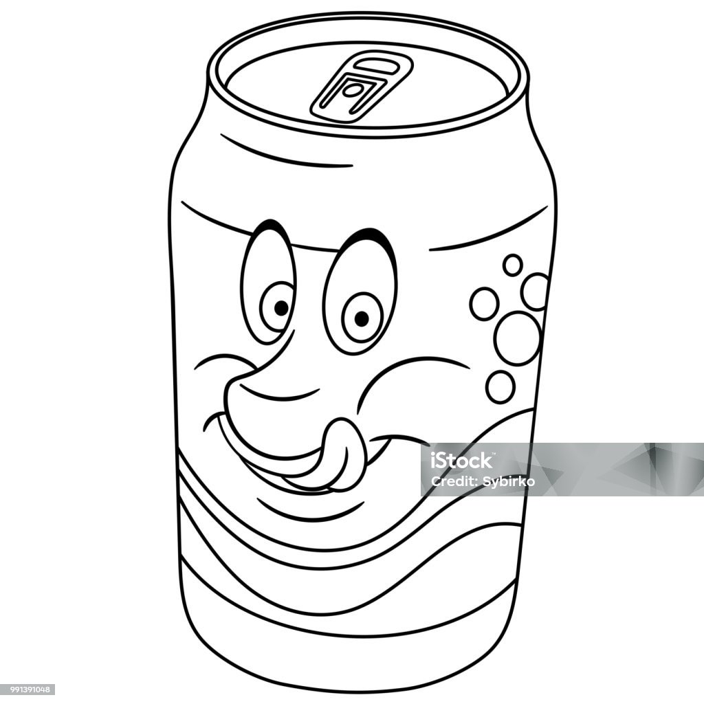 Cartoon Soda can drink Coloring page of Soda can drink. Coloring book design for kids. Anthropomorphic Face stock vector