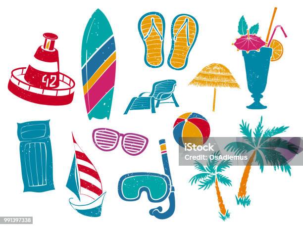 Beach Accessories And Symbols Set Stock Illustration - Download Image Now - Beach, Surfing, Weather