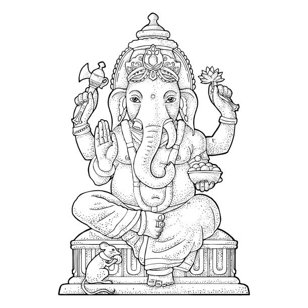 illustrations, cliparts, dessins animés et icônes de roland avec la souris pour affiche ganesh chaturthi. gravure de vector vintage - elephant god